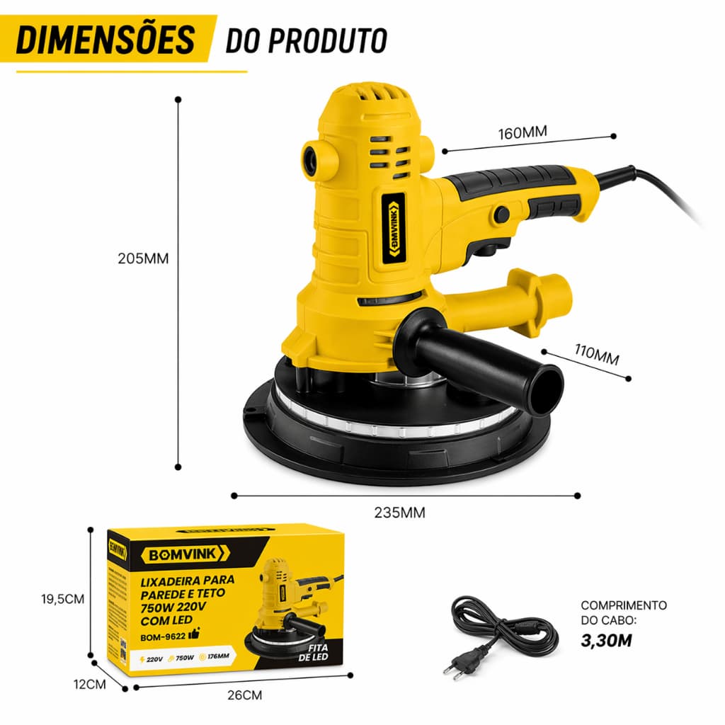 Lixadeira de Teto e Parede Bomvink LED e Aspirador 750w 110v/220v Cabo 3,30m Acessórios Inclusos
