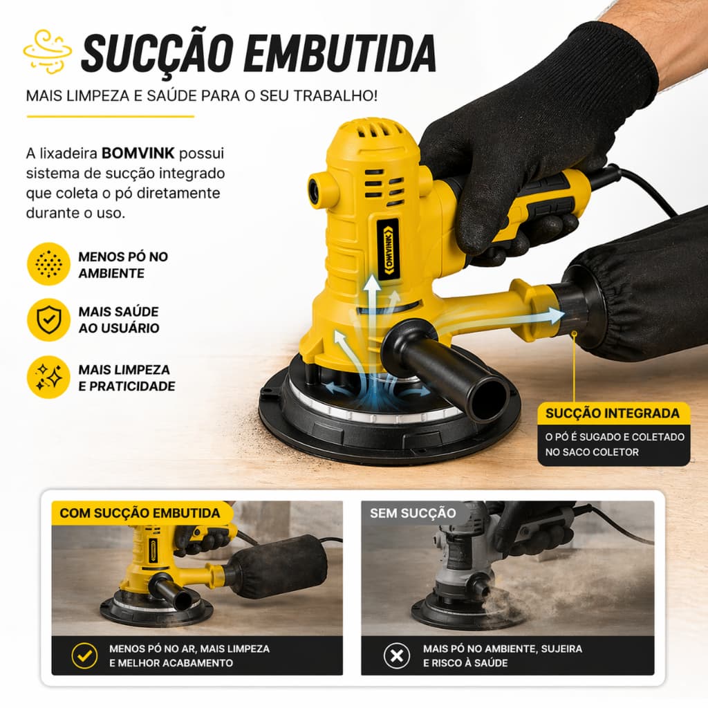 Lixadeira de Parede e Teto Lixa 7 Polegadas Led Aspirador Cabo 3,30M Vem Acessórios 750w 110v/220v