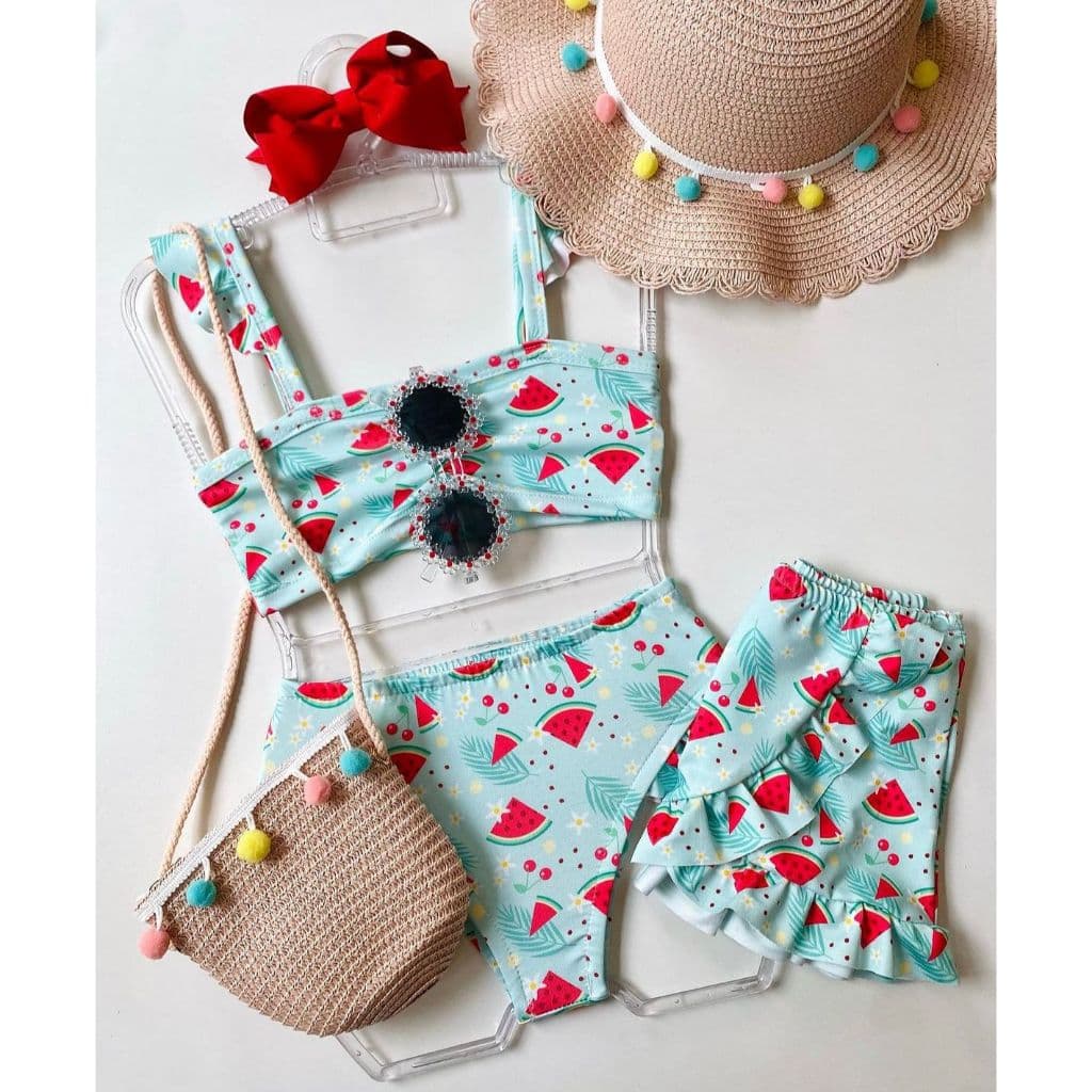 Biquíni infantil, com saída de praia, moda praia infantil