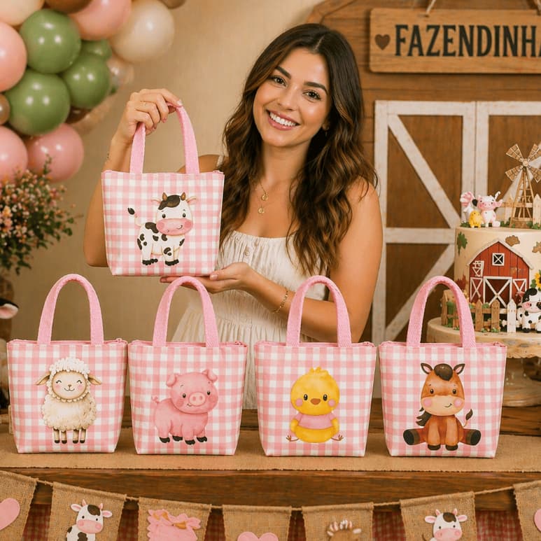 Sacolinha, bolsa para aniversario Fazendinha Rosa para aniversário, eventos especiais 30 unidades