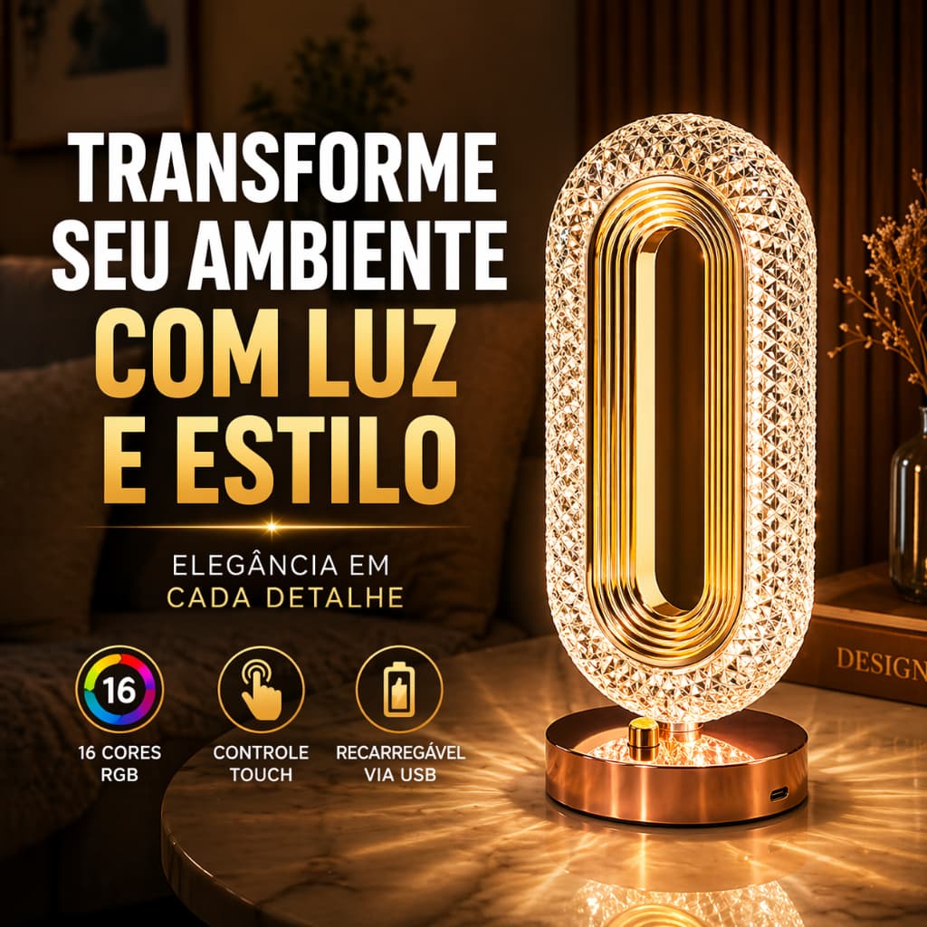 Luminária LED Touch Recarregável USB Cristal RGB Abajur Decorativo 16 Cores