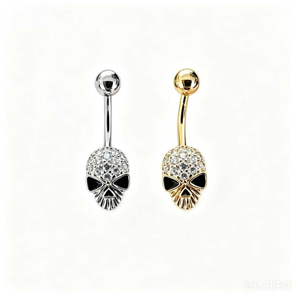 Piercing de Umbigo Caveira com Zircônias - Estilo Rock