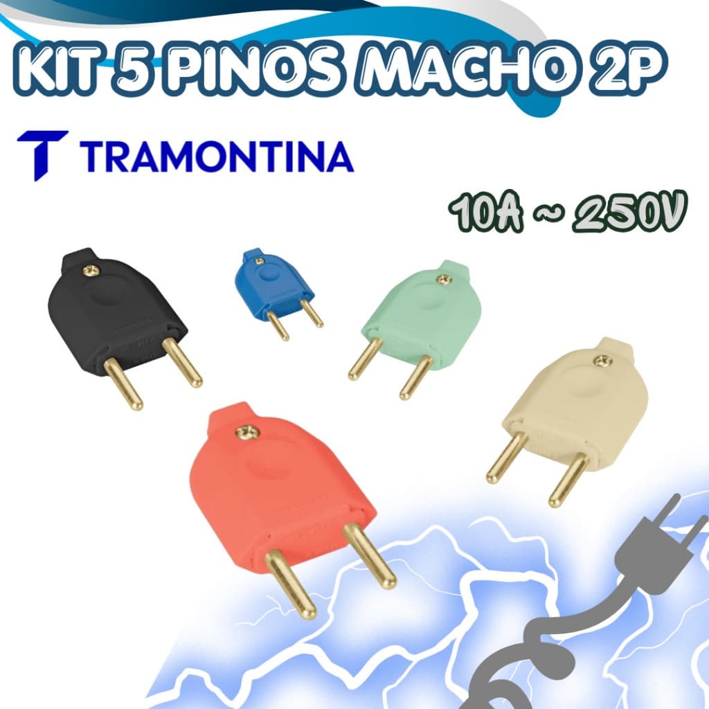 Kit 5 Plugue Pino Macho 2P 10A Tramontina Priscos Colorido