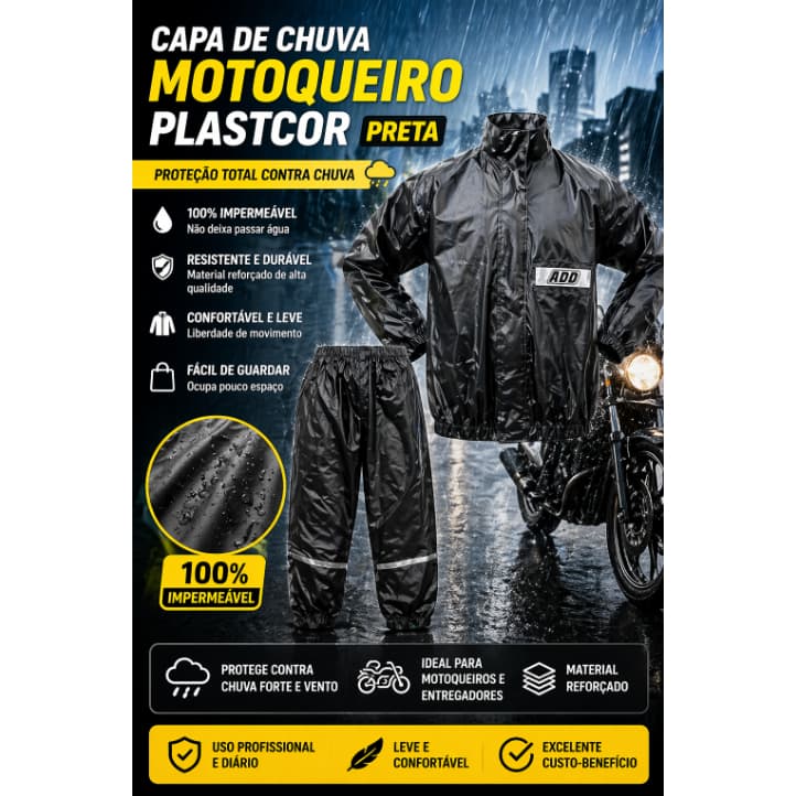 Capa de Chuva Motoqueiro Plastcor Preta Impermeável Resistente Moto Boy Entregador