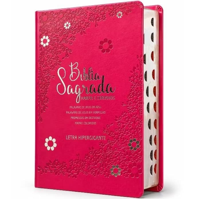 Bíblia com harpa floral margarida pink - Letra Hipergigante