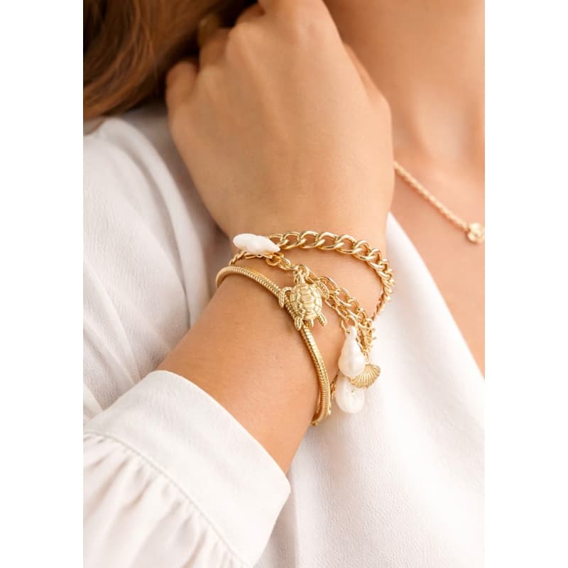 Mix 3 Pulseiras Douradas Femininas Sereia Búzios Estrela do Mar e Tartaruga acessórios meninas kit Pulseiras moda praia