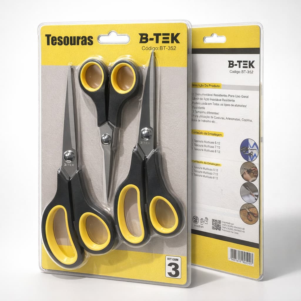 Kit 3 Tesouras B-TEK Aço Inox Corte Costura Profissional Artesanato E Domestico 5,5" 7,5" 8,5"