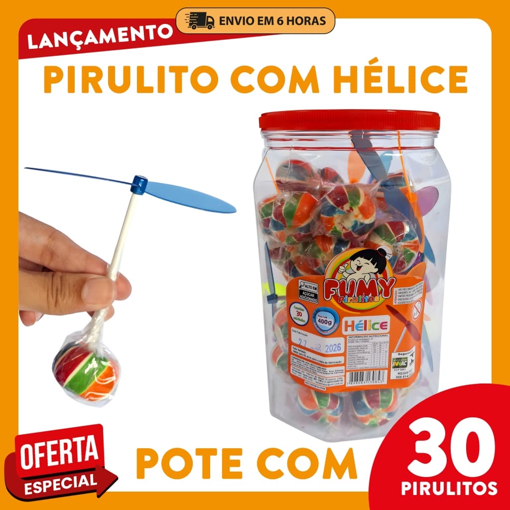 Pirulito com Hélice Fumy 30un - Lembrancinha Festa Junina Infantil Revenda Aniversário Brinde Doce