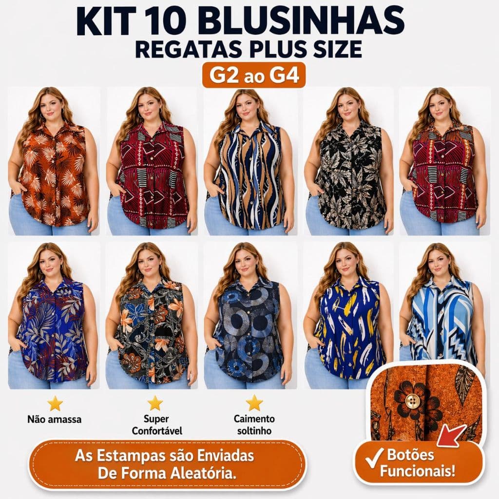 Kit 10 Blusas Plus Size Regata Feminina Super Promoção Caimento Solto G2 G3 G4 Atacado
