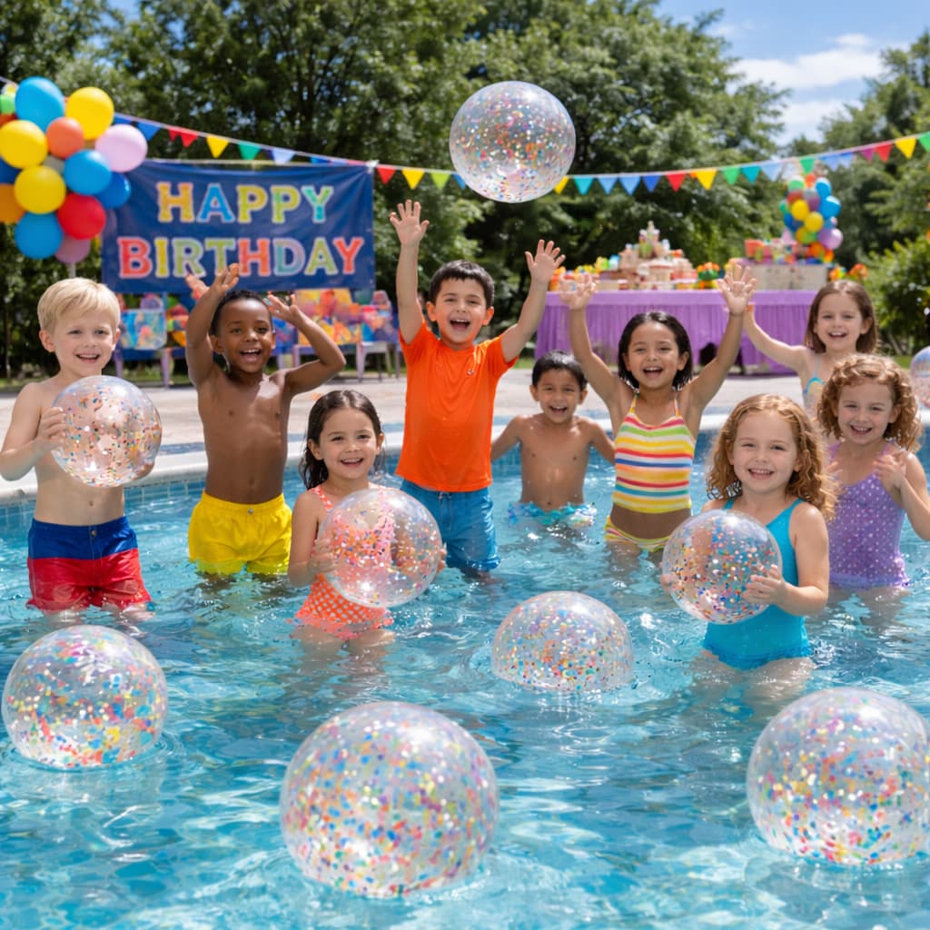 Kit 10 Bolas de Vinil Confete Transparente 23CM Para Decoração de Piscina Festa e Lembrancinhas