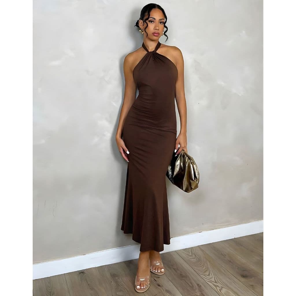 Vestido Feminino Midi Frente Única Gola Halter Costas Nua Elegante