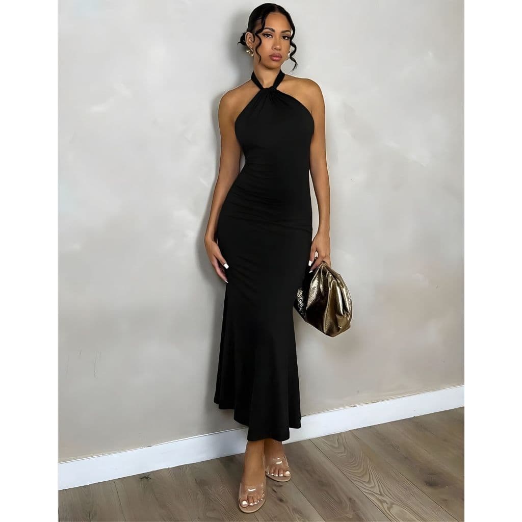 Vestido Feminino Midi Gola Halter Costas Nua Justo Elegante Balada Festa