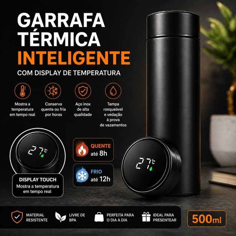 Garrafa Térmica 500ml Inteligente com Display Temperatura Digital – Mantém Quente e Frio
