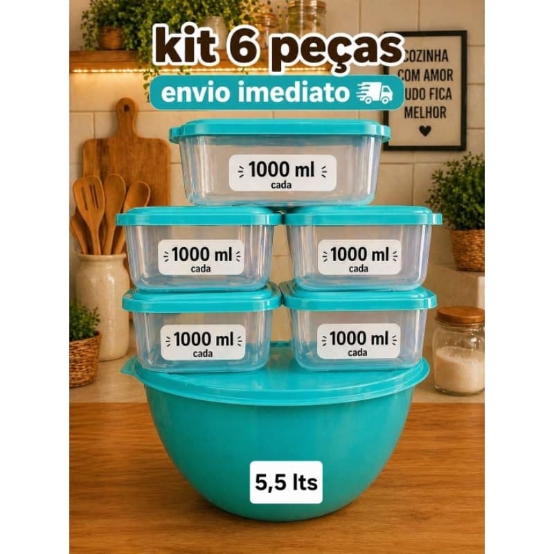 Kit 6 Potes Plástico com Tampa- 1 Saladeira Bowl Redondo capacidade 5,5 lts + 5 Potes  de 1000ml cada para cozinha