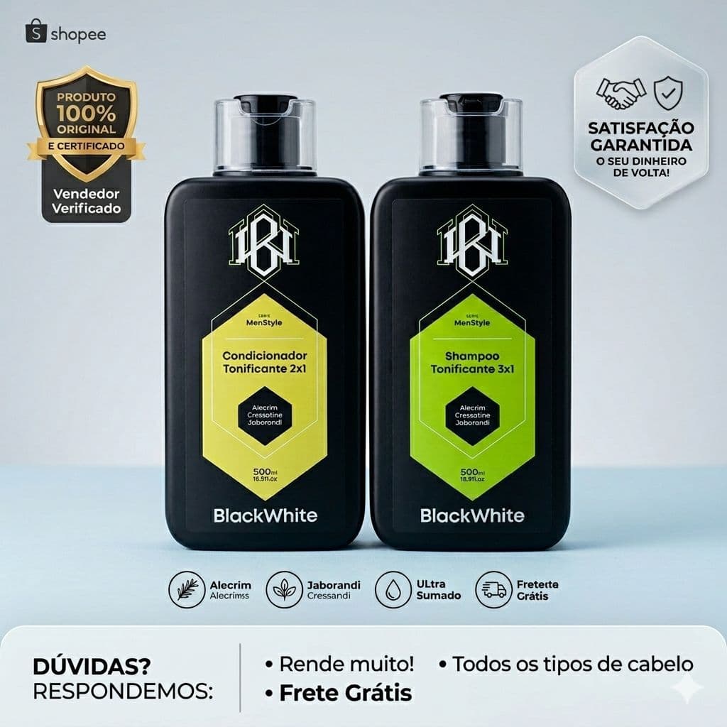 Black White Shampoo 3x1 e Condicionador 2x1 Capilar Hidrata e Fortalece os Fios - Antiqueda 500ml