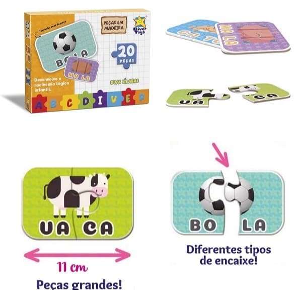 Jogo em Madeira Educativo Duas silabas Raciocínio logico - DiverToys