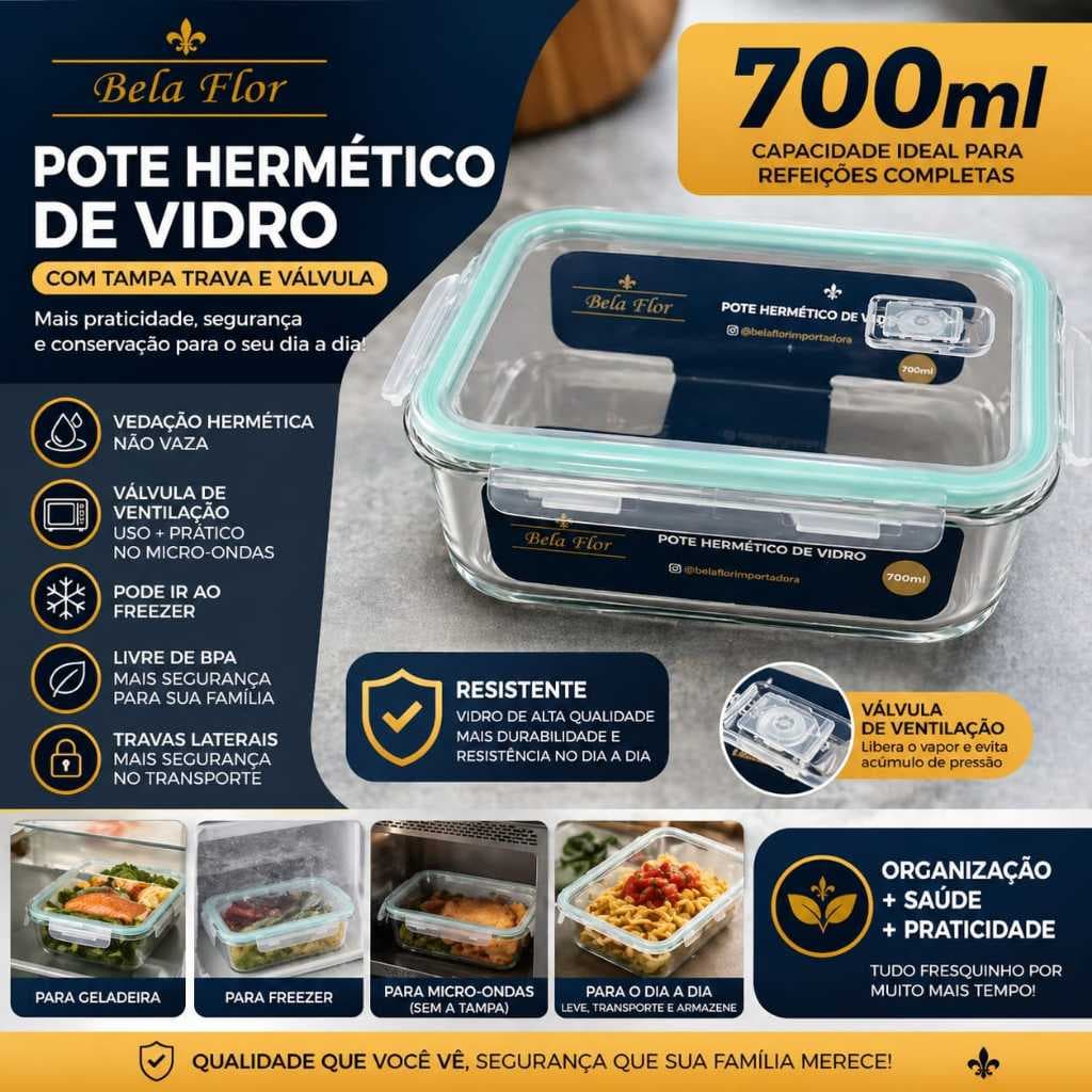 Pote Hermético de Vidro 700ml com Tampa Trava e Válvula – Não Vaza, Micro-ondas e Freezer