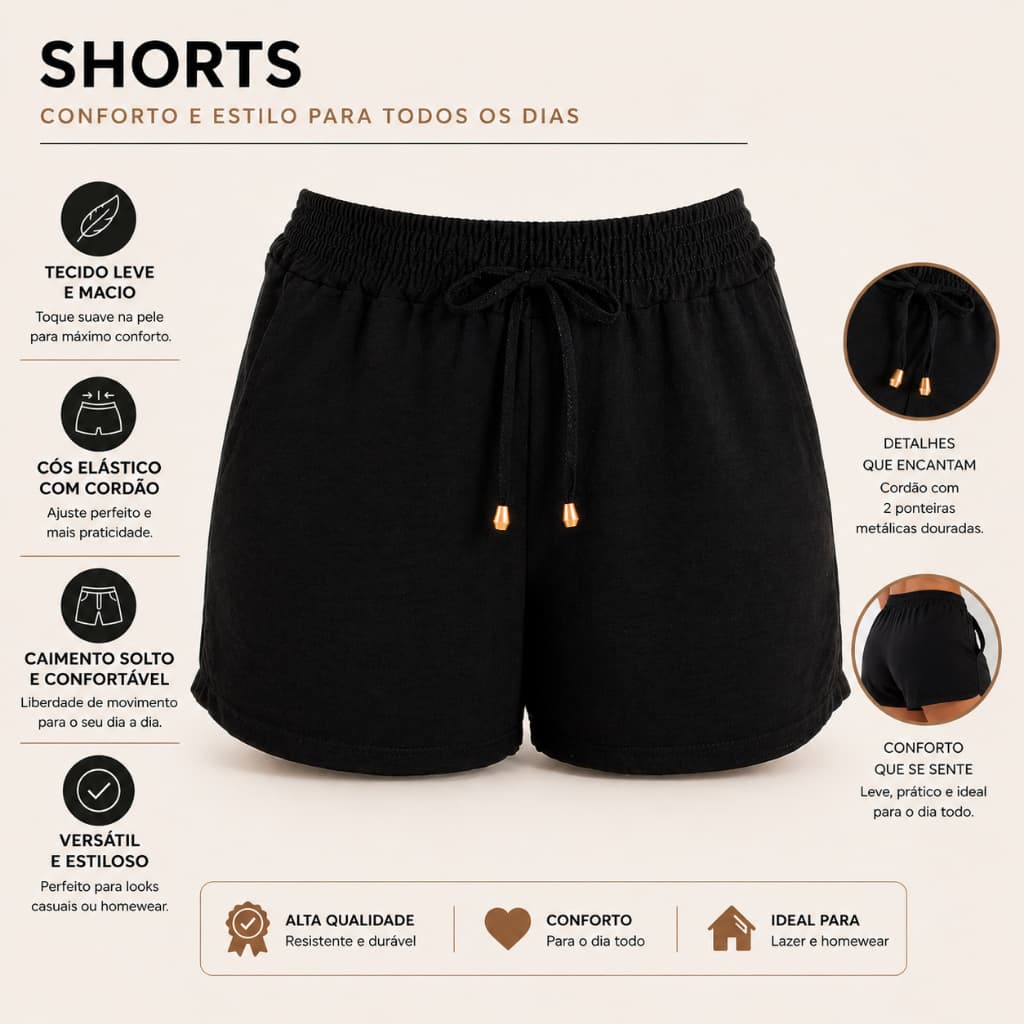 Shorts Feminino Dunas Bolsos Cintura Alta Curto Bascio