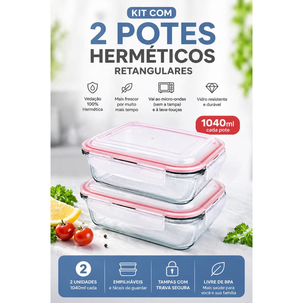 Kit 2 Potes de Vidro Hermético 1040ml com Trava | Vedação Silicone | Micro-ondas e Freezer