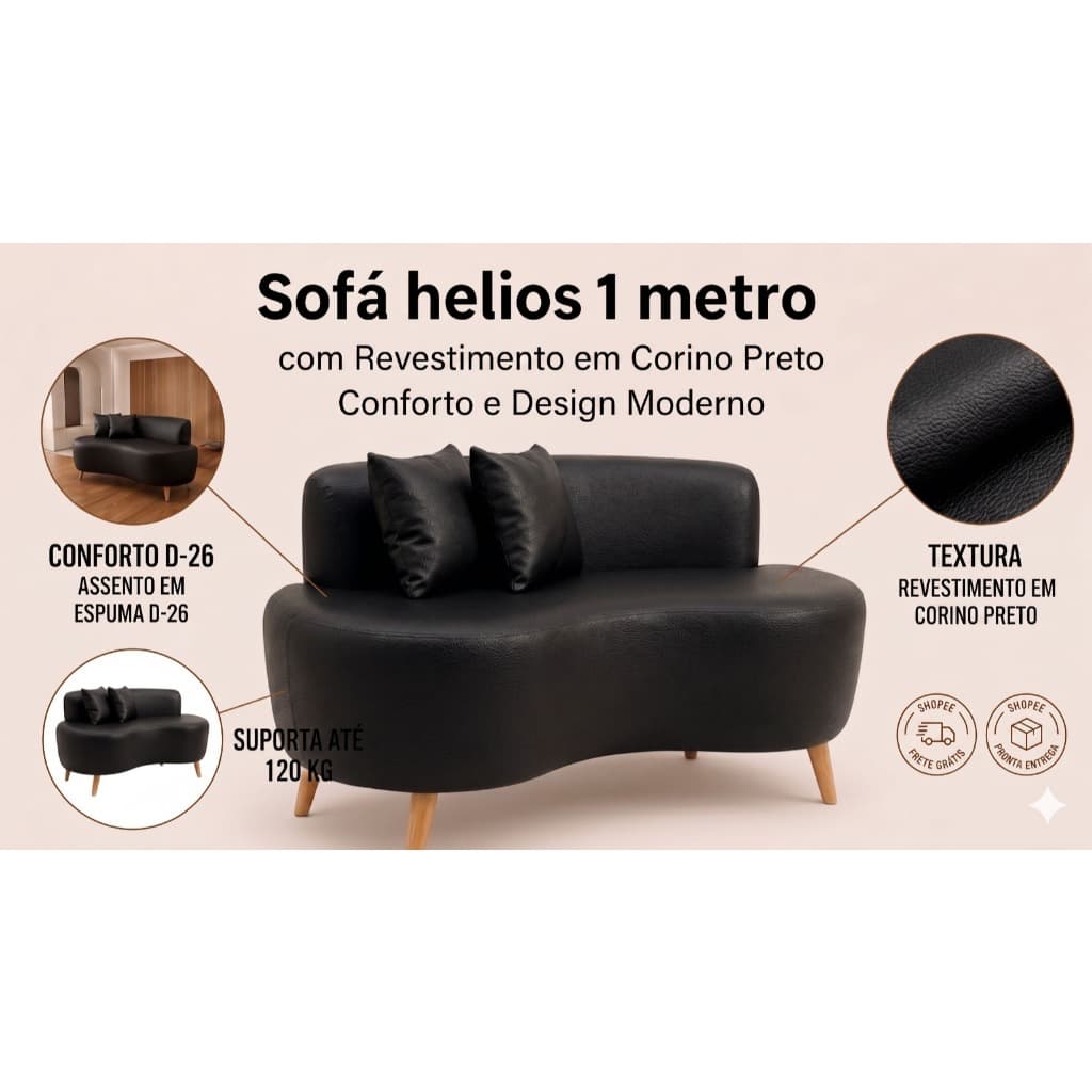 🔥 Sofá Helios XII 1m Corino Preto | Fácil Limpeza, Pé 12cm Alto e Estrutura Reforçada