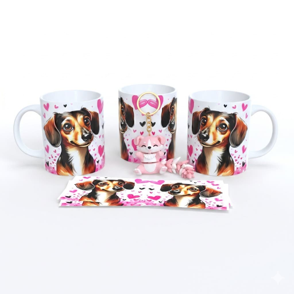 Caneca Sublimação Cachorro Dachshund, Salsicha + Chaveiro Articulado DOG8 - Sara Presentes