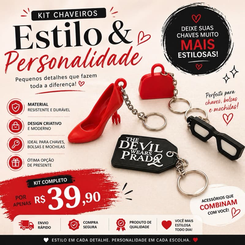 Kit Chaveiros Criativos – Estilo Fashion & Divertido
