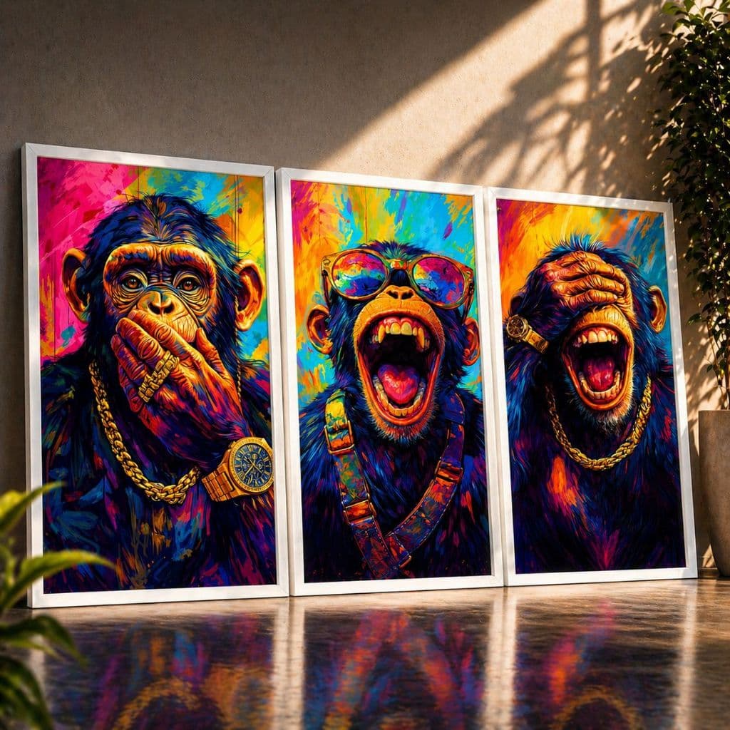 Kit 3 Quadros Decorativos Macaco Pop Art Colorido Moderno Sala Quarto Escritório Moldura Preta ou Branca com Vidro