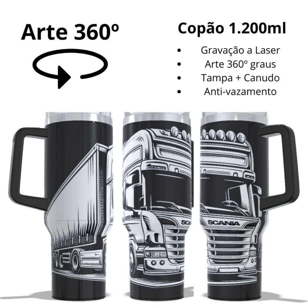 COPO TÉRMICO 1200ML COPÃO COM CANUDO ARTE 360º GRAUS COPO INTEIRO TEMA: CAMINHÃO CARRETA