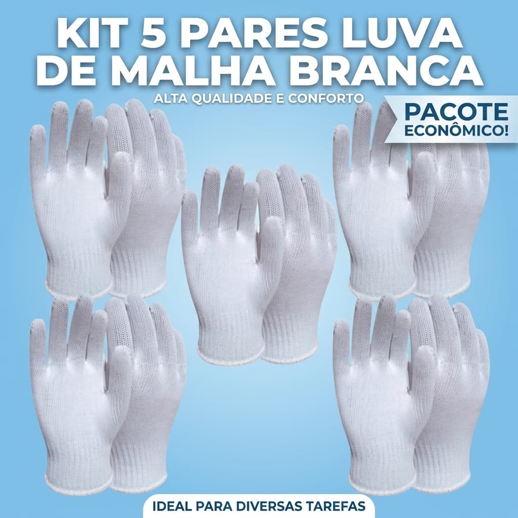 Kit 5 Pares Luva Branca De Proteção Multiuso Algodão Malha Reutilizável Lavável Confortável