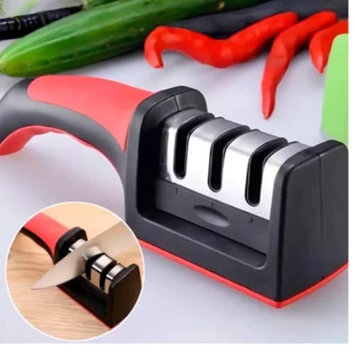 Afiador de Facas Profissional Amolador 3 Estágios Ergonômico Vermelho 21cm Modelo Prático e Seguro