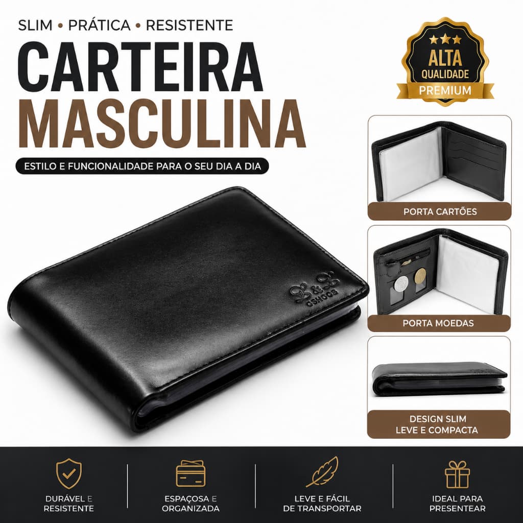 Carteira Masculina Couro Slim Porta Cartões CNH Moedas Compacta Premium