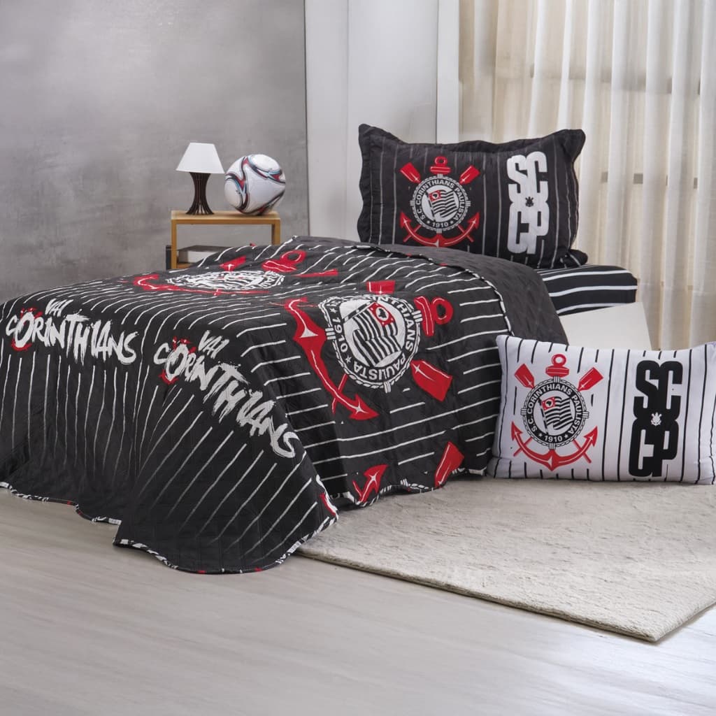 Colcha de Cama Solteiro Masculino Cinza Corinthians Cobre Leito Infantil Adulto 2 peças Menino Luxo