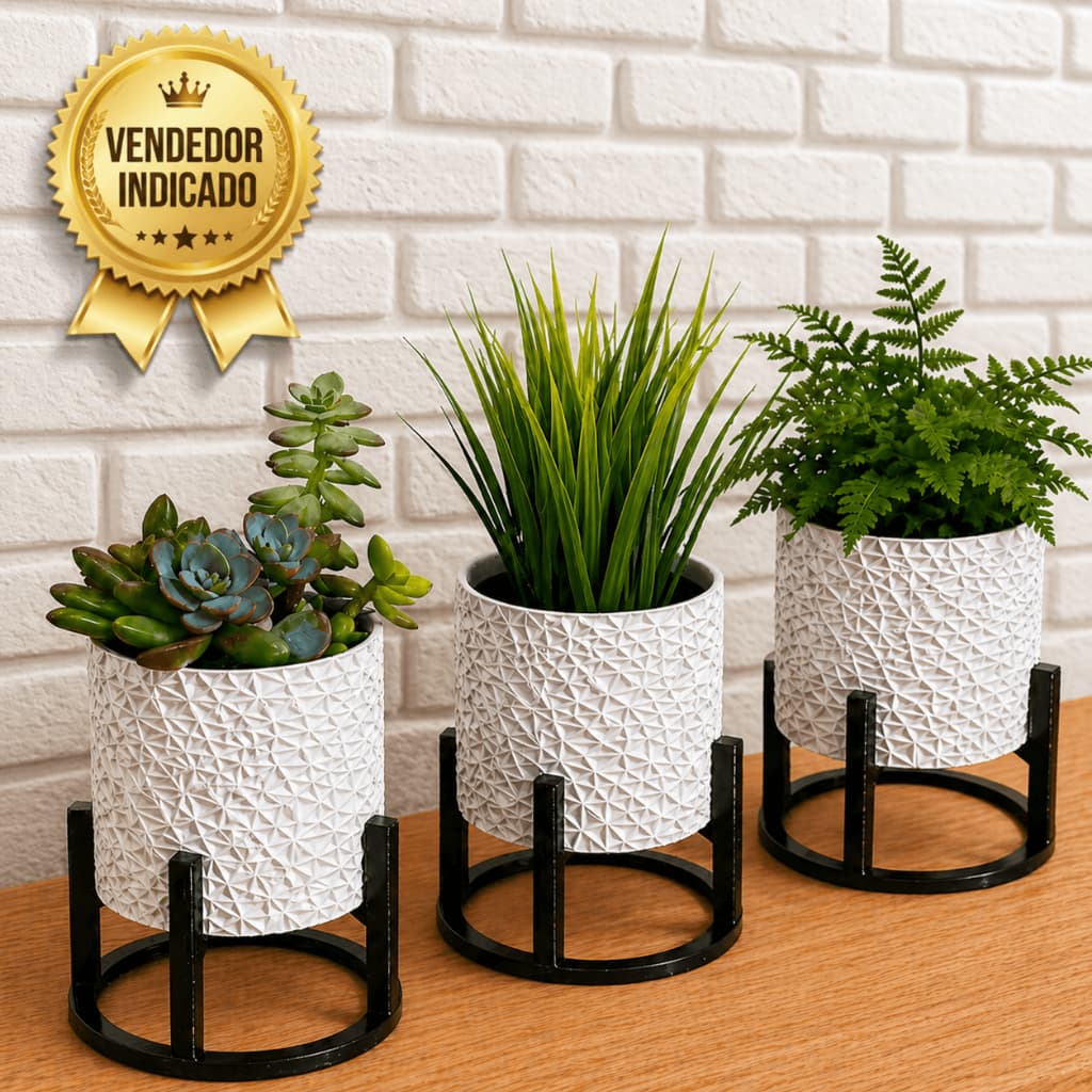 Vasos Decorativos Kit 3 Cachepot Moderno com Suporte para Suculentas Cactos e Plantas Artificiais
