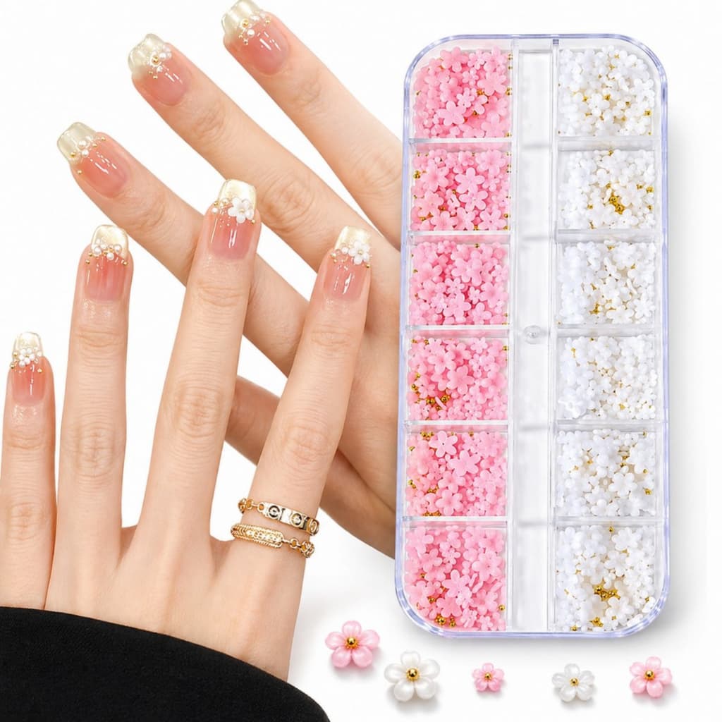 Flores 3D para Unhas com Strass Rosa e Branco Decoração Nail Art