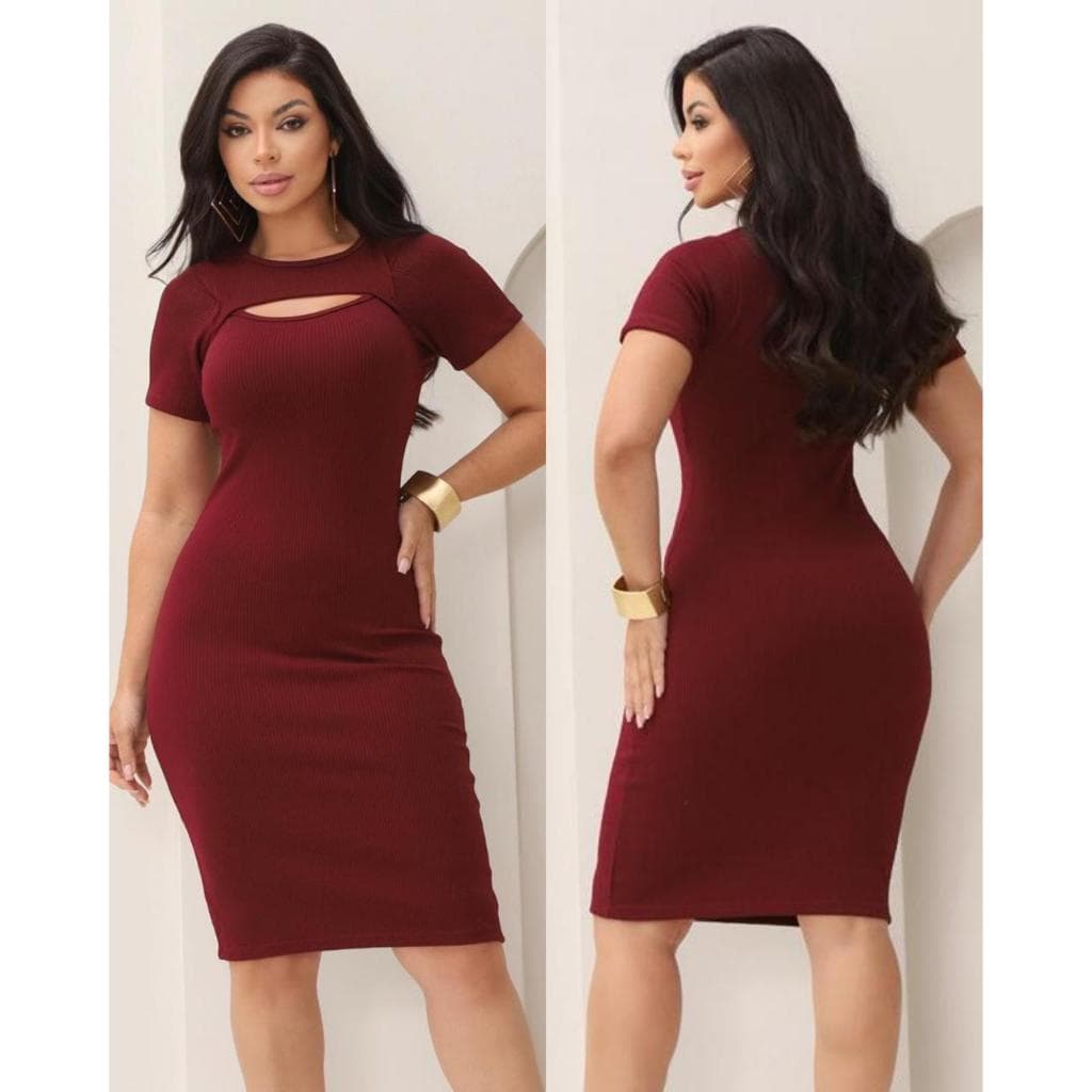 Vestido Feminino Canelado Midi Tubinho Abertura no Busto Decote Frontal Manga Curta Casual Confortável Elegante P M G GG