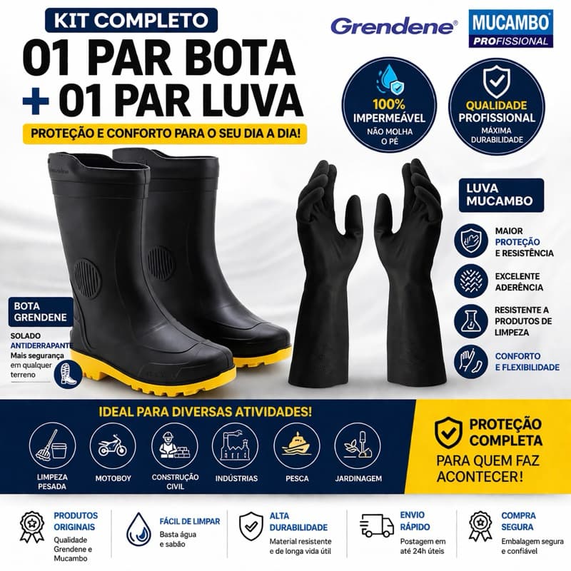 Bota Borracha e Luva Latex Impermeável Faxina Limpeza Motoboy Grendene Mucambo Kit Oferta