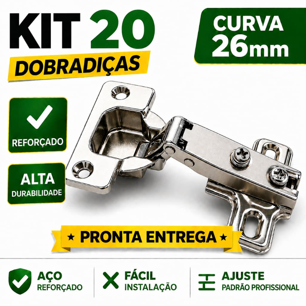Kit 20 Dobradiça 26mm Curva Armário Porta Móveis Cozinha Guarda Roupa