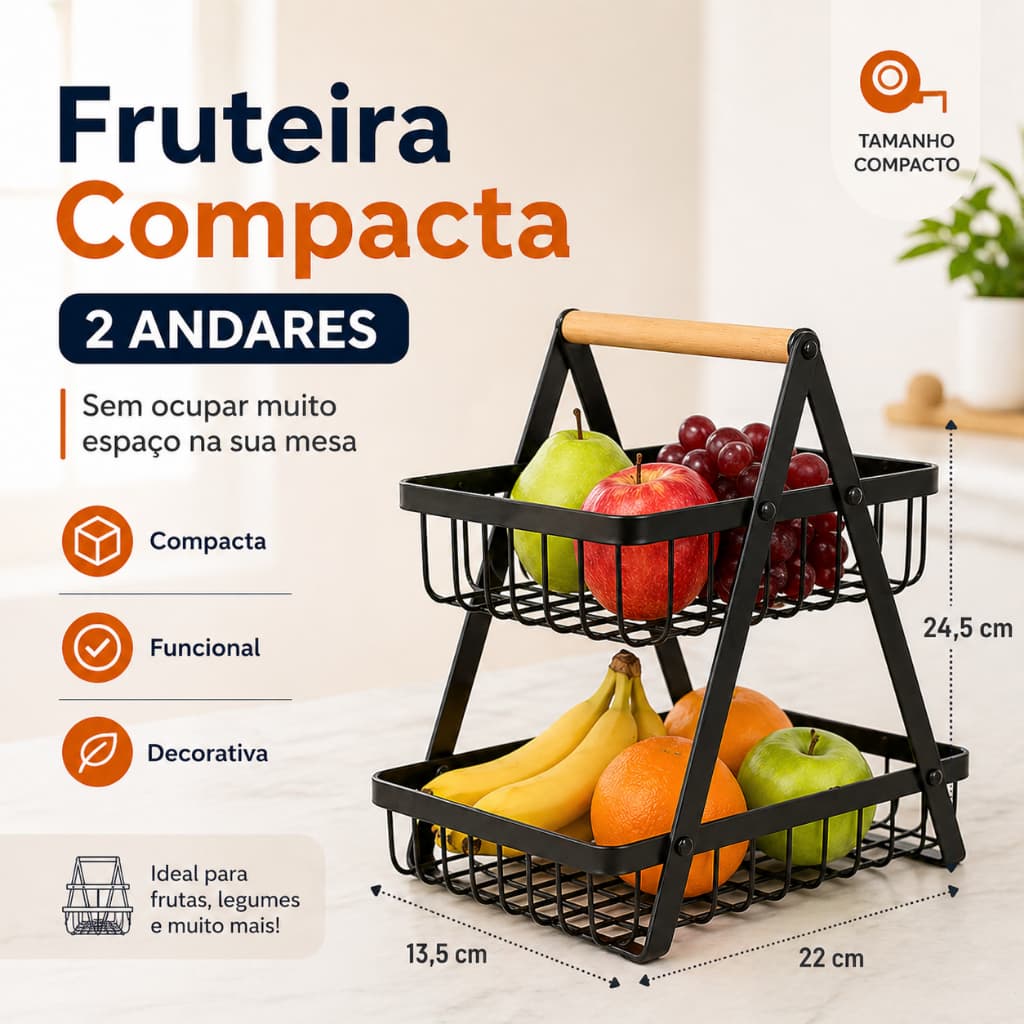 Fruteira de Mesa 2 Andares Aço Inox Desmontável Cesta de Frutas Dupla Moderna Organizador Cozinha