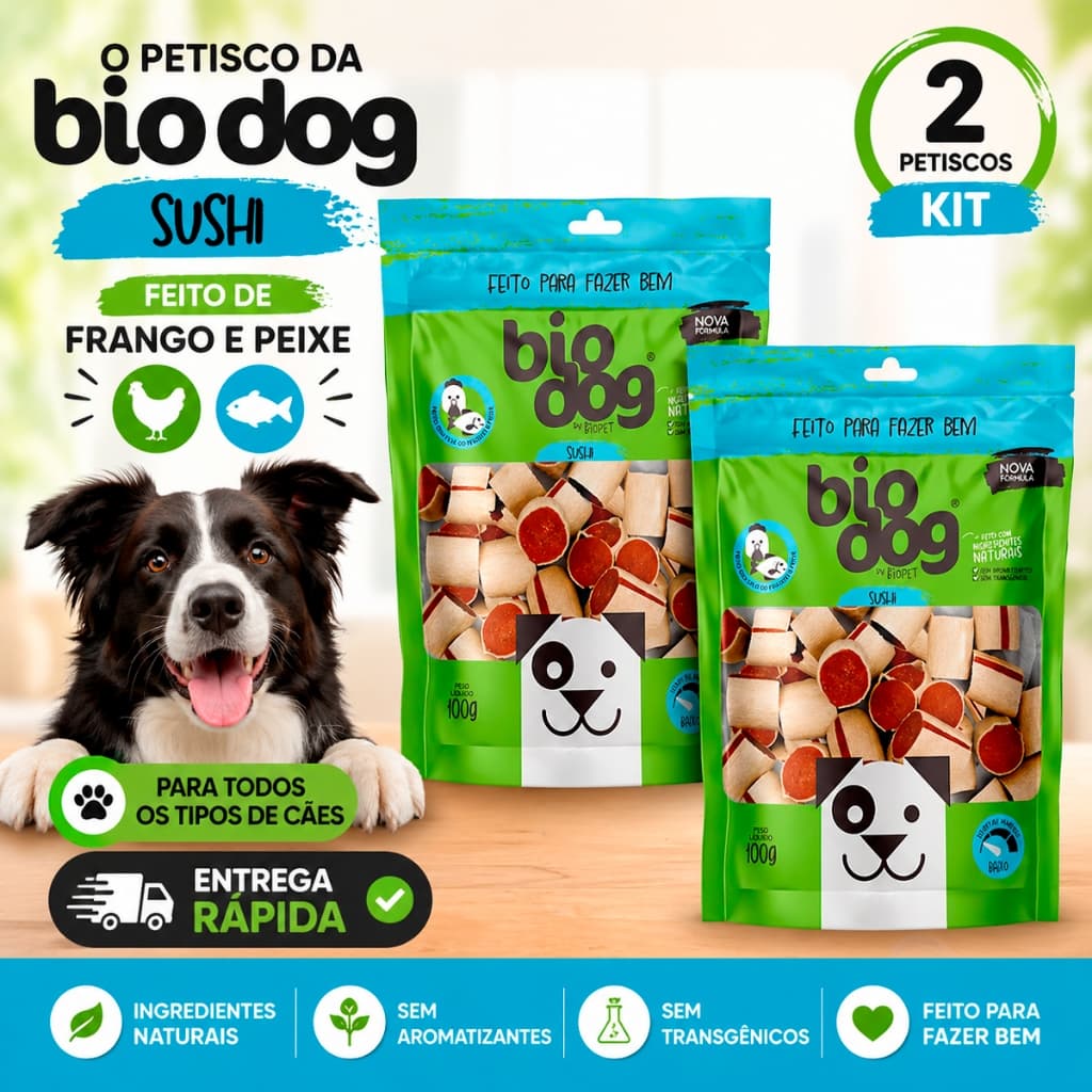 Kit 2 Bifinho Petisco Natural Snack Cães Biscoito Biodog Mordedor Gourmet Sushi