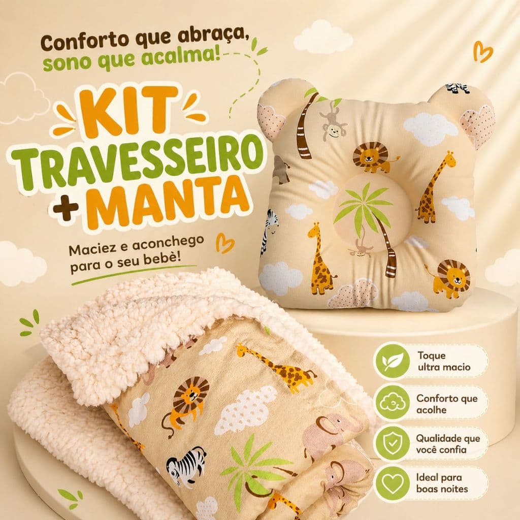 Kit Travesseiro Anatômico Bebê + Manta Sherpa Inverno Cobertor Macio Antialérgico