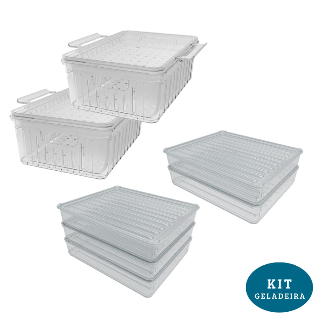 Kit Organizador Geladeira com 2 Potes Escorredores com tampa e 1 Porta Frios com tampa