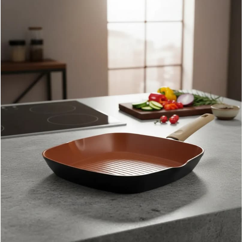 Frigideira Grill 28cm Indução Todo os Fogões  Revestimento Cerâmico Antiaderente Não Gruda Norma