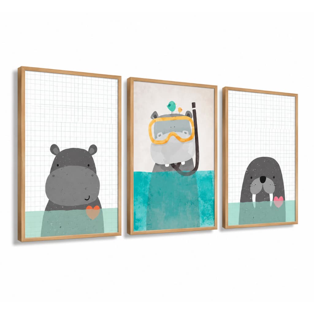 Kit 3 Quadros Decoração Infantil | Quarto Bebê Menino - Animais Safari, Fundo Mar, Praia No3