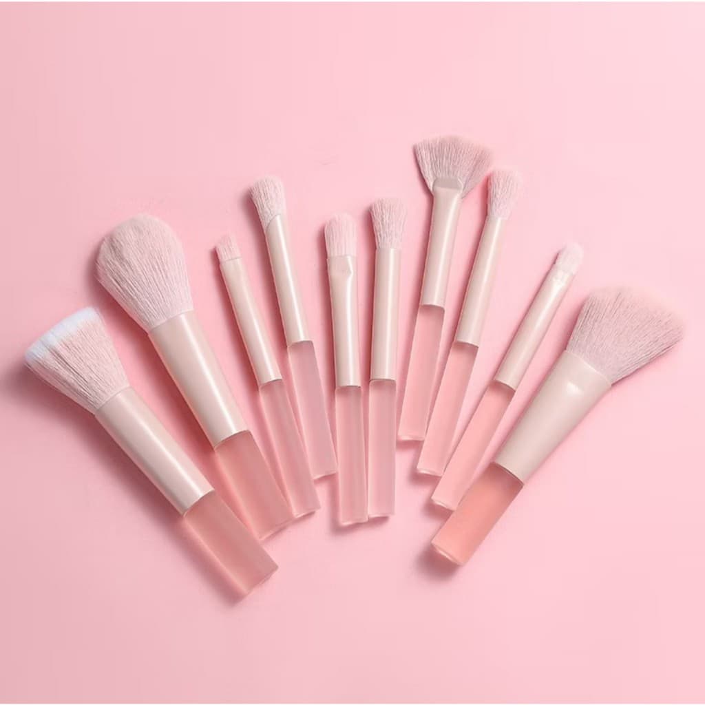 Conjunto 10 Pincéis de Maquiagem Mini Cor Rosa  — Compacto para Viagem | Cerdas Macias Minimalista