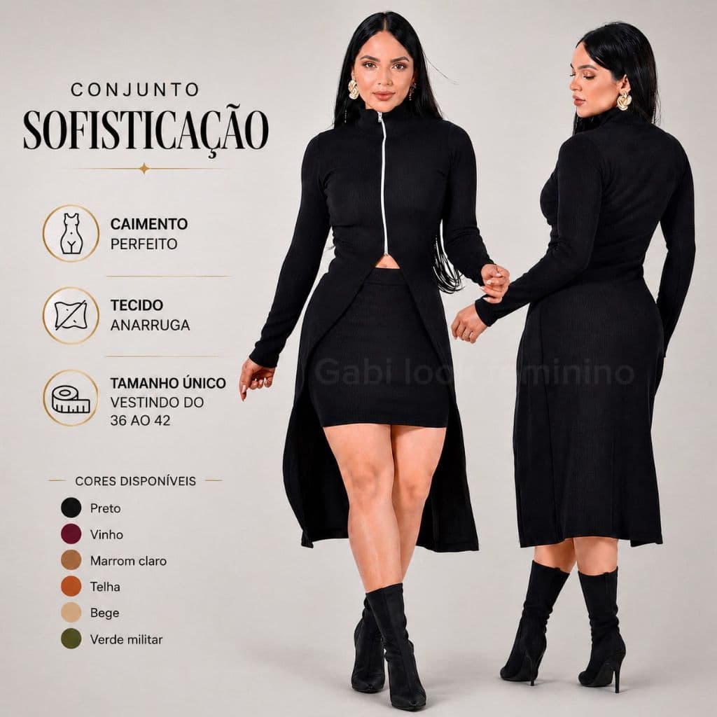 Conjunto Cardigan Longo com Zíper e Saia  Tecido Anarruga Moda Feminina