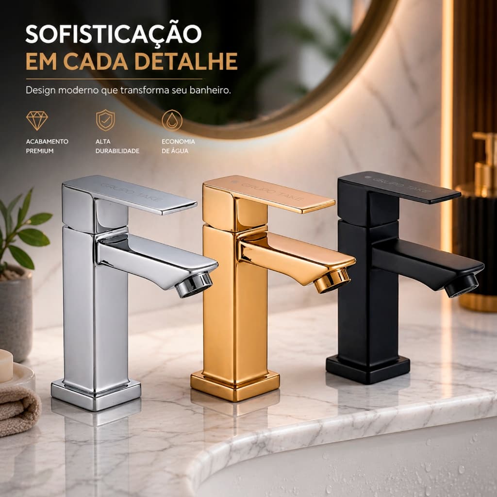 Torneira de Lavabo Banheiro Black Prata Dourado Luxo Metal Moderna 1/2 Cuba Fosco Inox Quadrada