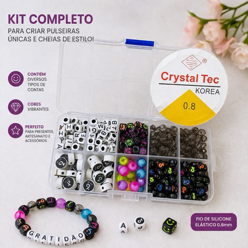 Kit Para Montar Pulseiras Infantil 300 Peças + 10MT Silicone Elástico