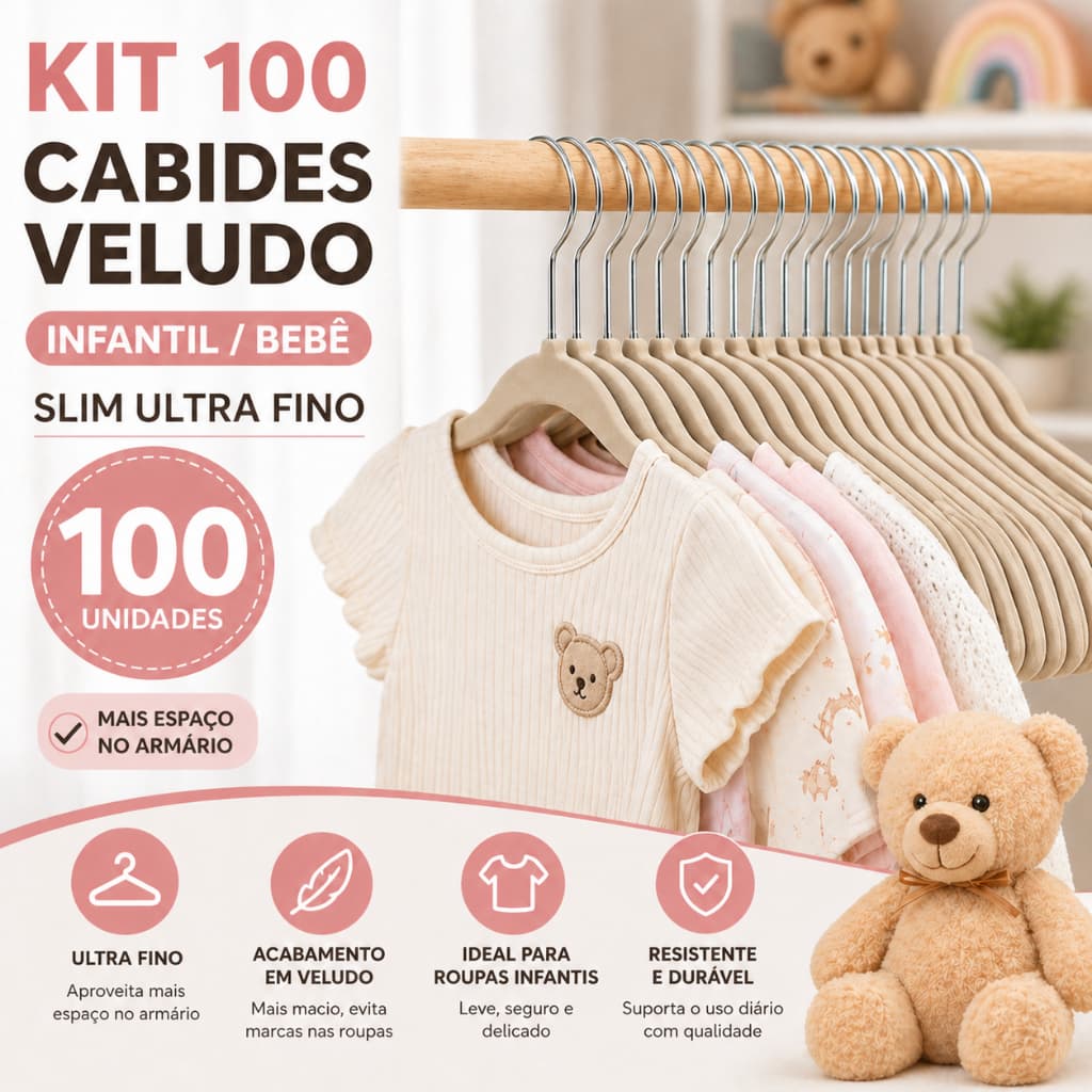 Kit 100 Cabide Infantil Veludo Slim Antideslizante Ultra Fino Organizador Quarto Closet