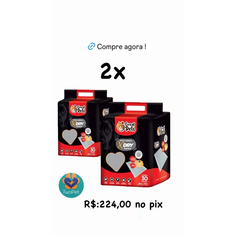 Kit 2 Tapete Higiênico Great Pets X Dry Bamboo Slim 60 x 80cm 30 Unidades
