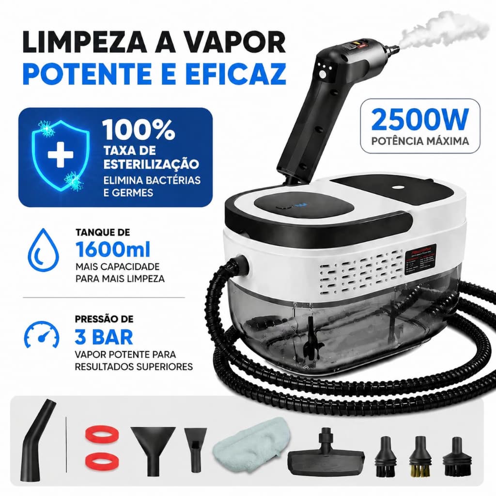 Máquina de Limpeza a Vapor 2500W - Portátil, Alta Pressão com Escovas e Luvas para Esterilização e Limpeza